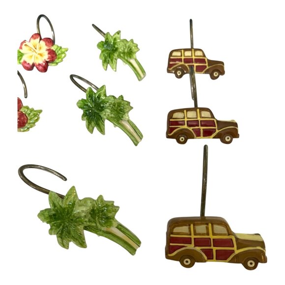 Tropical Shower Curtain Hooks – Surfboards, Hibiscus Flowers, Palm Trees, Woodie - Picture 2 of 4